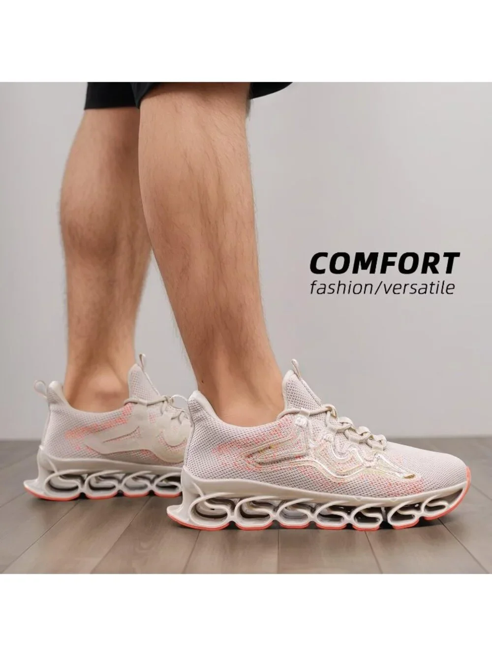 Men's Beige Orange Slip on Walking Running Shoes Blade Tennis Fashion Sneakers